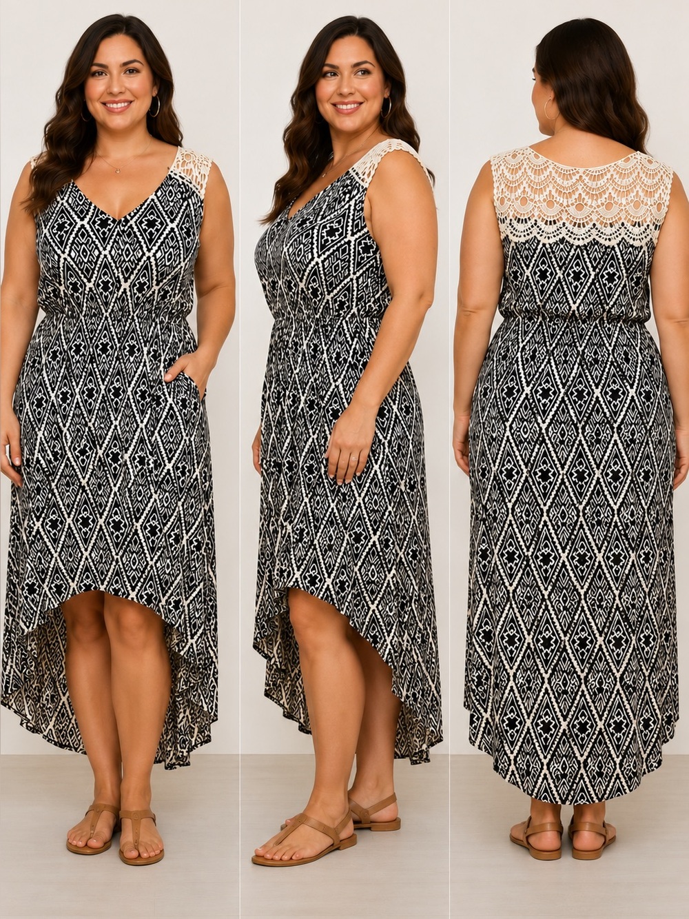 Women’s Boho High Low Dress Large Black White Geometric Sleeveless Midi